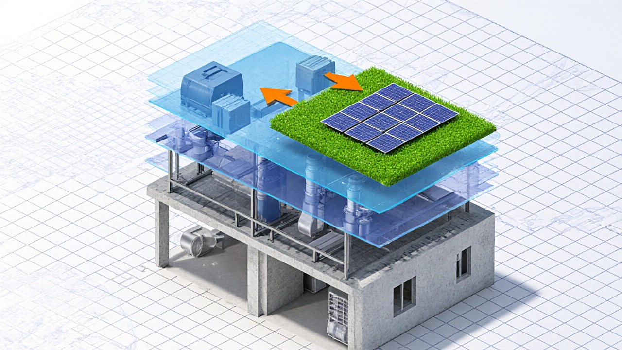 3D‑модель дома с наложенными слоями конструкций, инженерных систем и солнечных панелей.