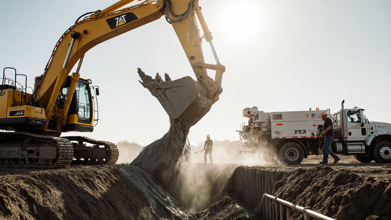 Экскаватор роет котлован, бетонный насос заливает бетон в опалубку, рабочие рядом.