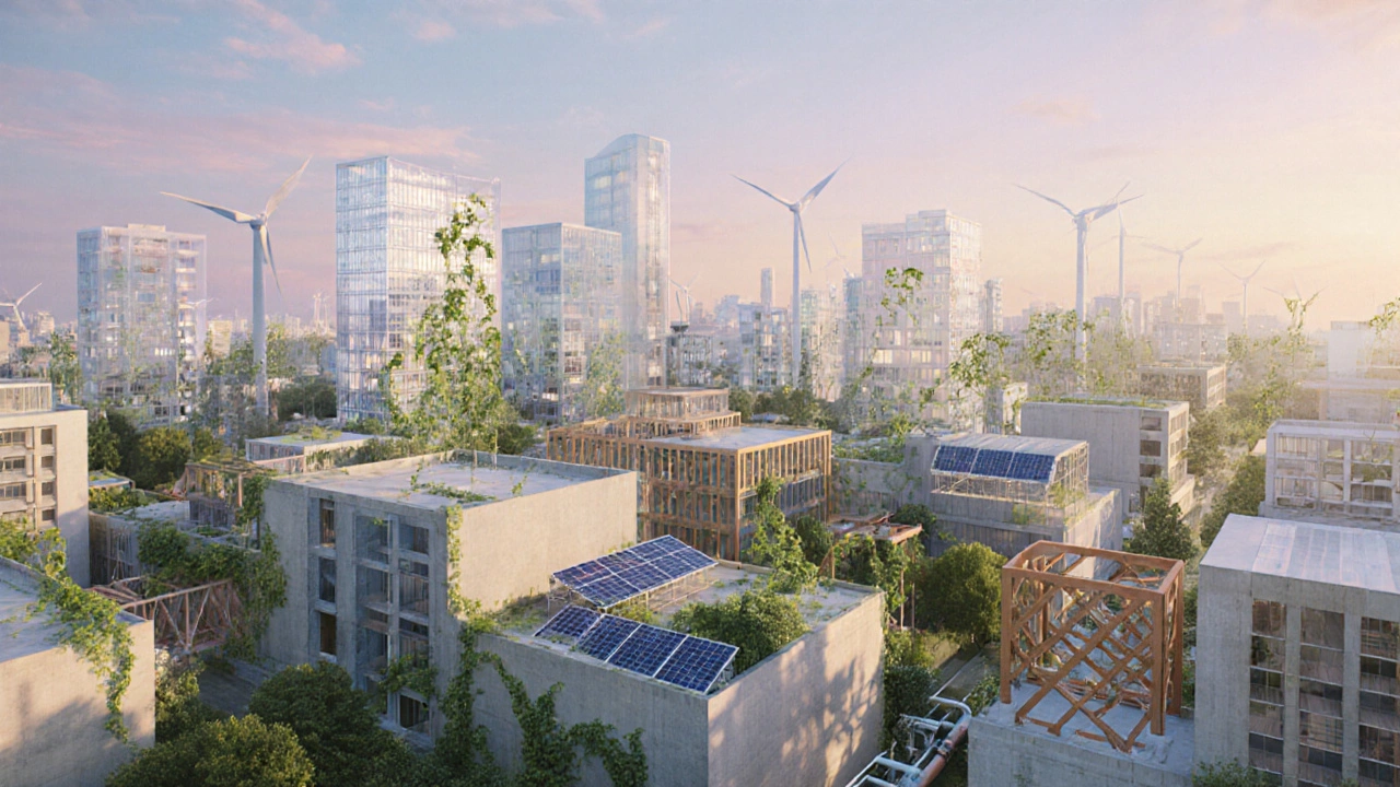 Город будущего с гибридами из бетона, дерева и композитных модулей.