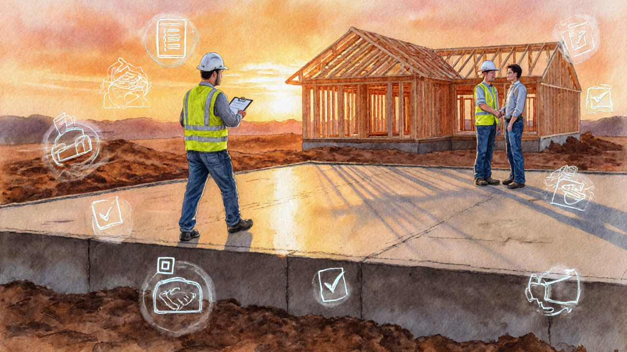 Готовый фундаментный планш, инспектор и подрядчик обмениваются рукопожатием при закате.