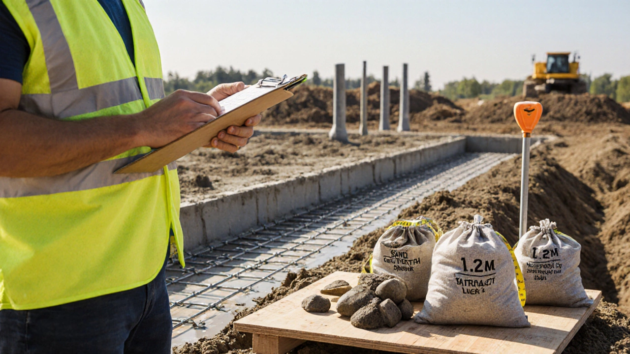 Инженер проверяет толщину фундамента и образцы грунта на строительной площадке.