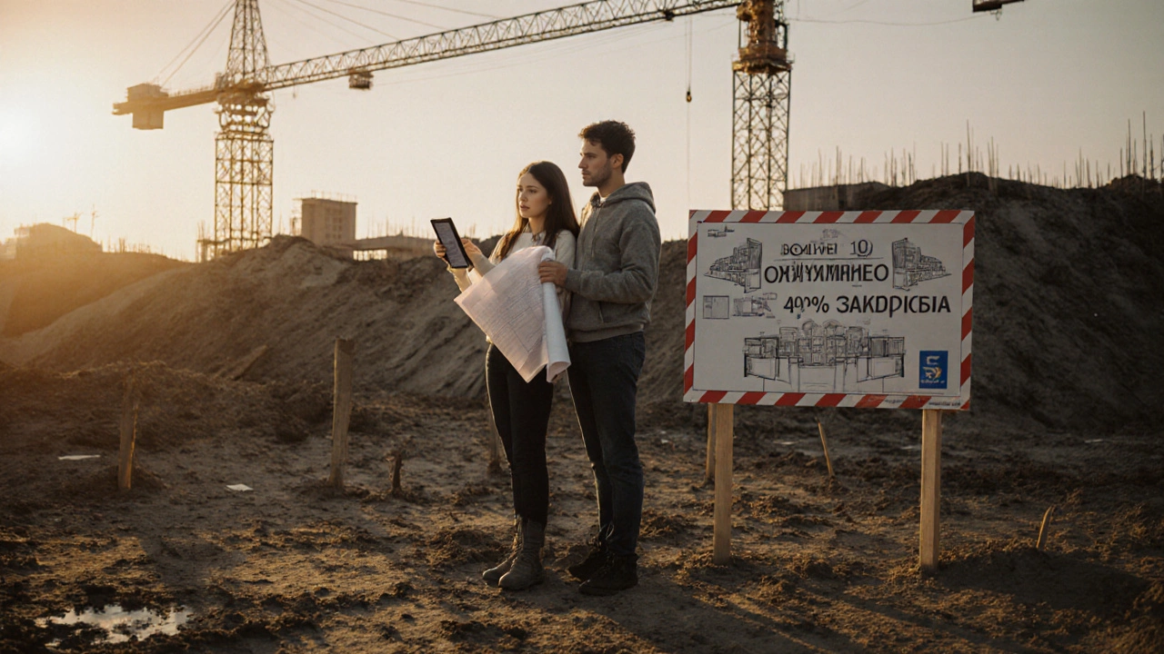 Пара смотрит на чертежи на строительной площадке, позади — кран и надпись о скидке.