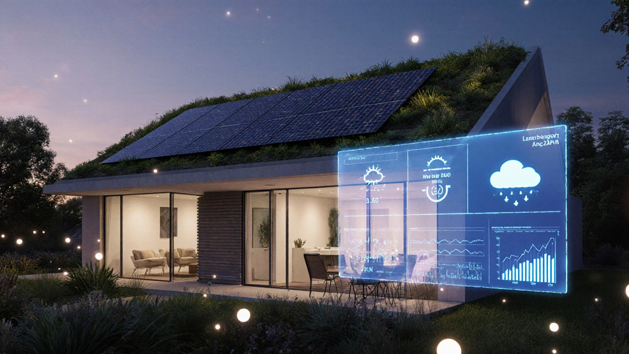 Современный экологичный дом с солнечными панелями, зелёной крышей и цифровыми голограммами энергопотребления.