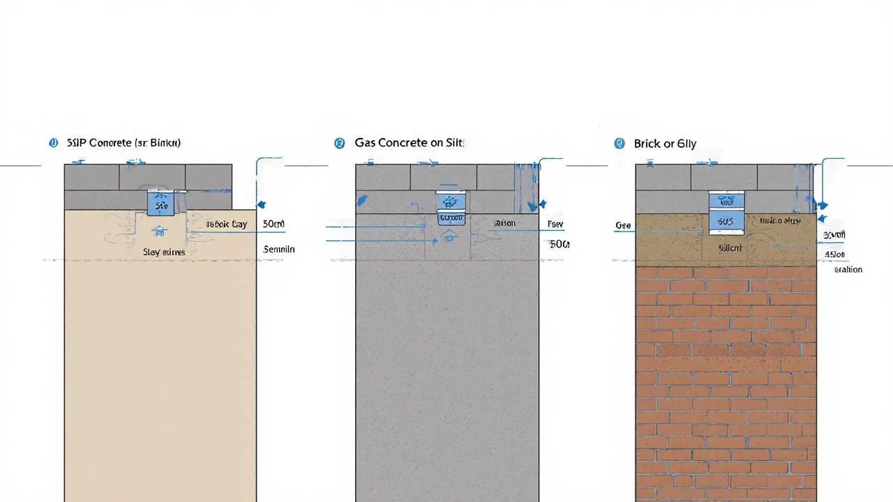 Сравнение трёх типов фундаментов под разными материалами стен и типами грунта с обозначенными нагрузками.