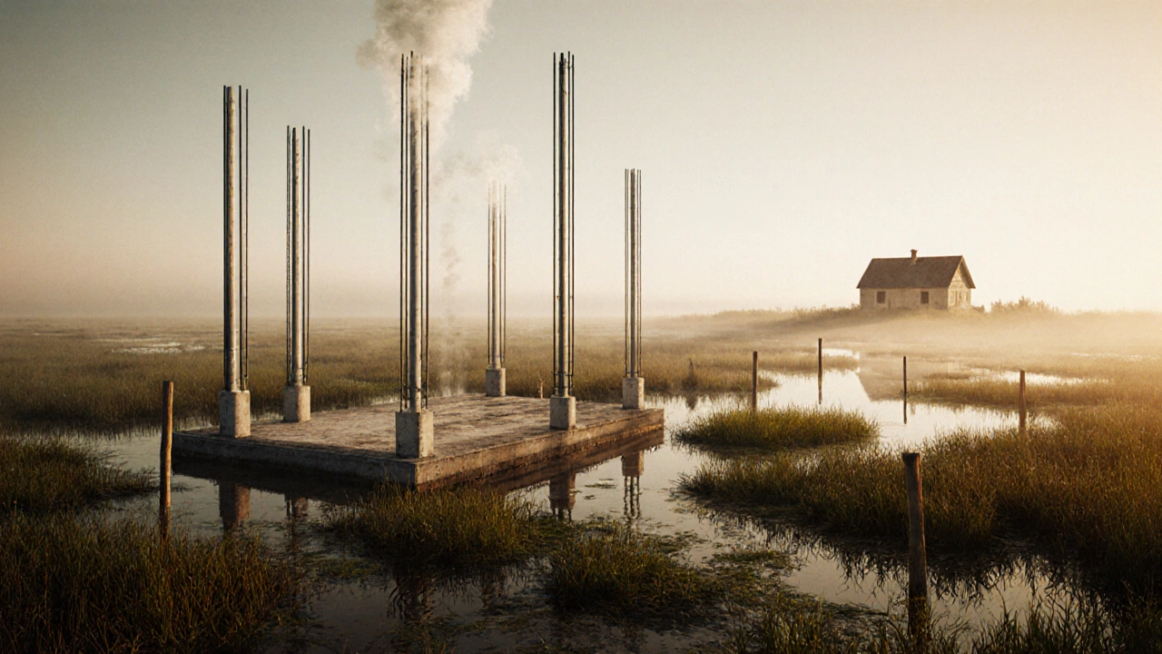 Свайно-ростверковый фундамент в болотистой местности, опирающийся на стабильный слой грунта.