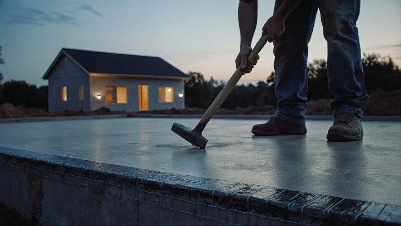 Законченый фундамент с арматурой и гидроизоляцией, проверяемый в сумерках.