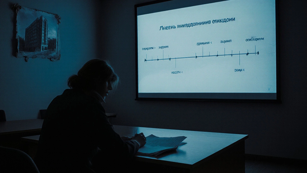 Женщина в суде с документом о требованиях кредиторов, на фоне — временная шкала банкротства.