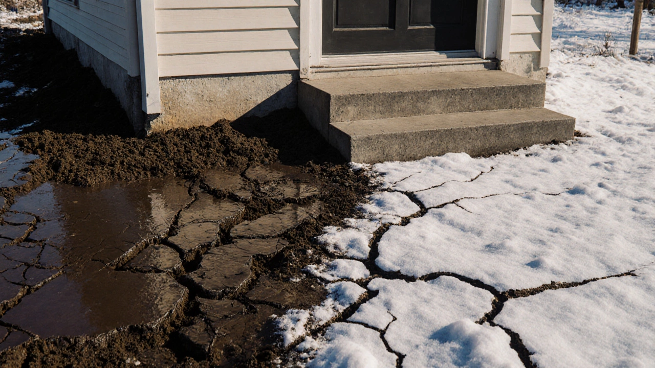 Дом на неправильном фундаменте проваливается в грунт, рядом — устойчивый дом на правильно рассчитанном фундаменте.