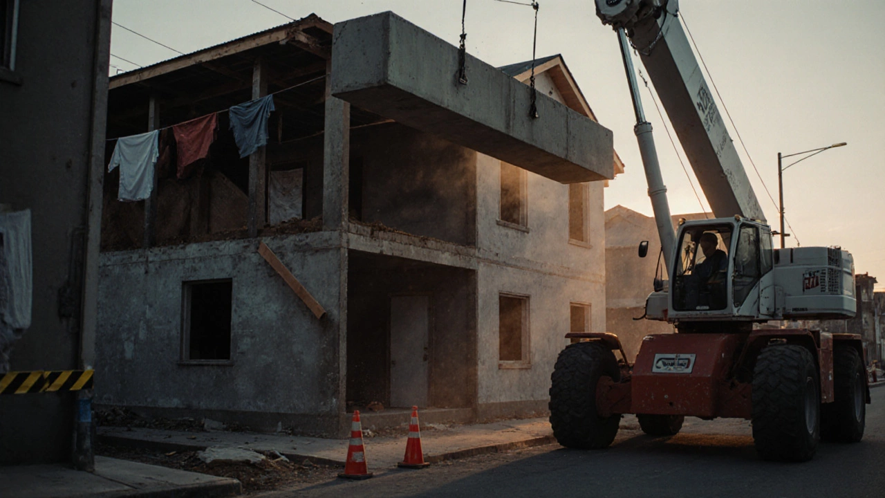 Кран поднимает бетонную балку к дому в узком городском дворе.
