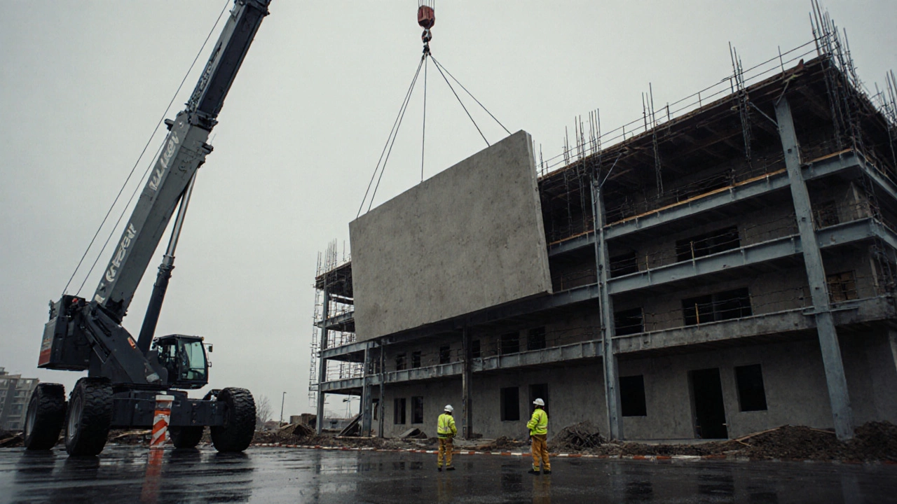 Кран поднимает тяжелую бетонную панель на высоту 12 этажей.