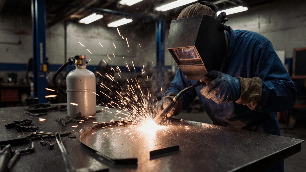 МИГ-сварка кузова автомобиля в гараже, искры и защитный газ, мастер работает с быстрой точностью.