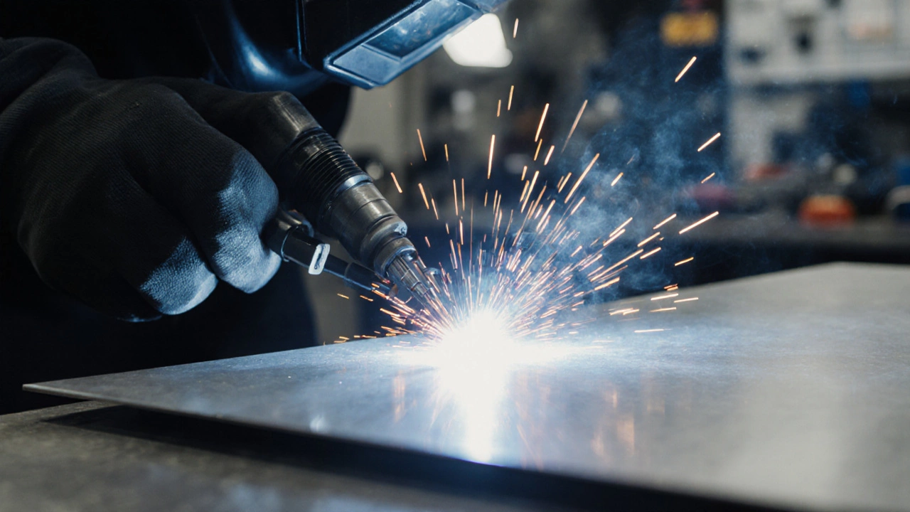 Опытный сварщик использует проволоку с газом, чистый шов на металле, светлый цех.