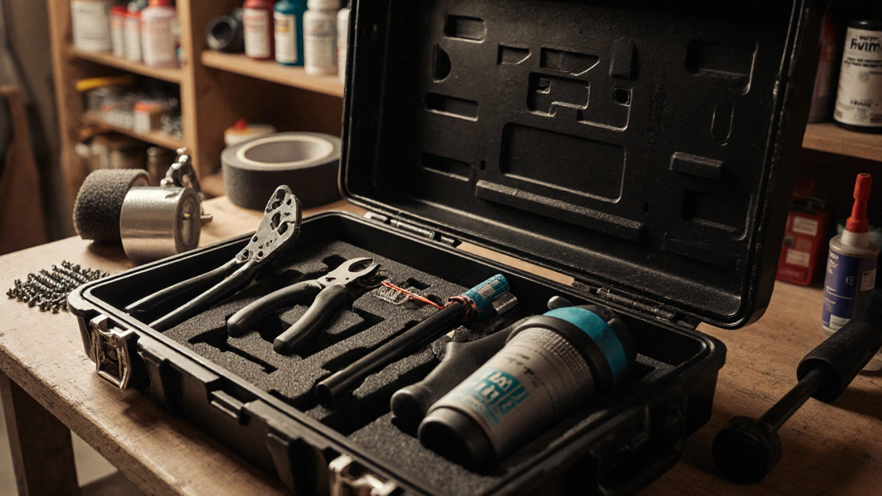 Открытый ящик с инструментами: перфоратор, труборез, стриппер и пылесос с фильтром H12.