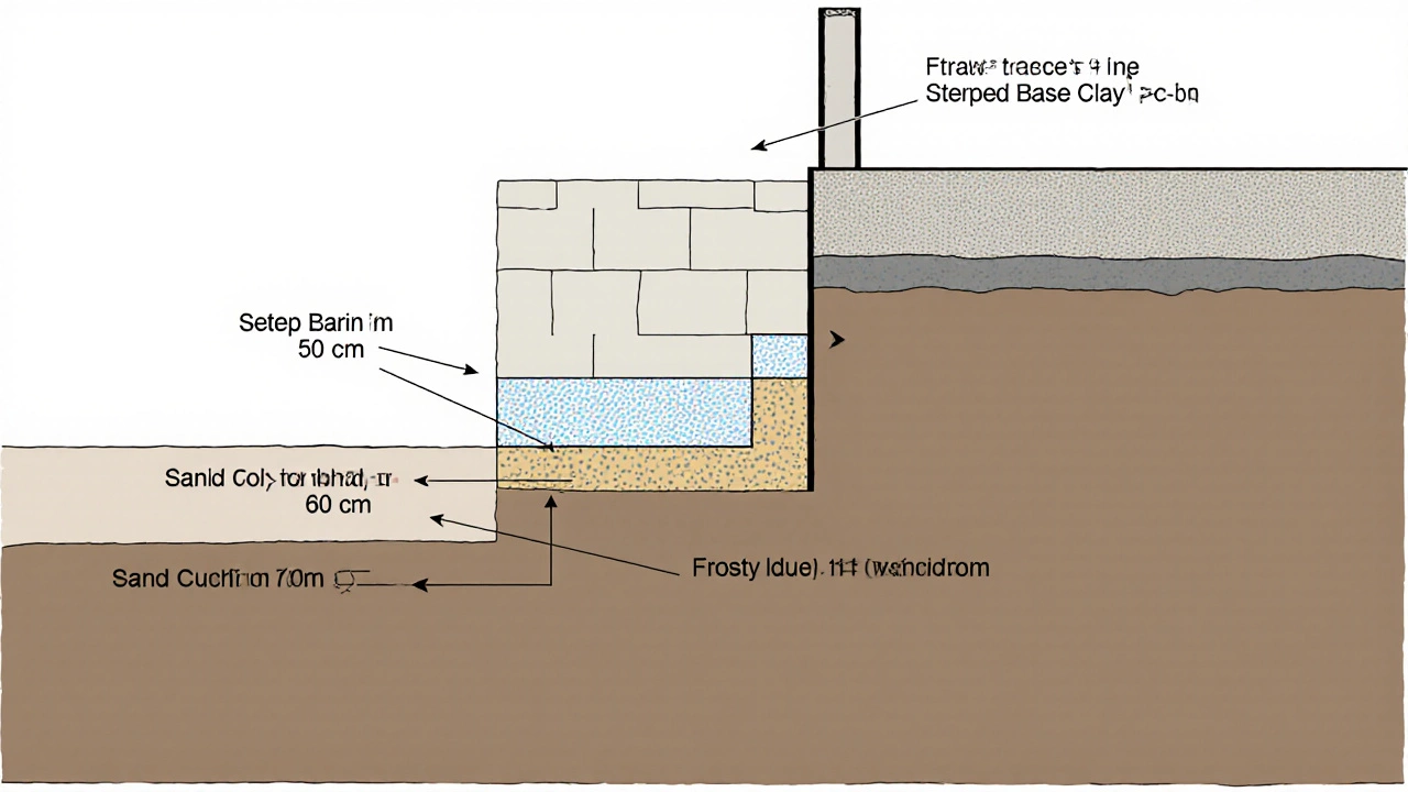Поперечный разрез фундамента на суглинке: стена, лента, подошва, песчаная подушка и уровень промерзания.
