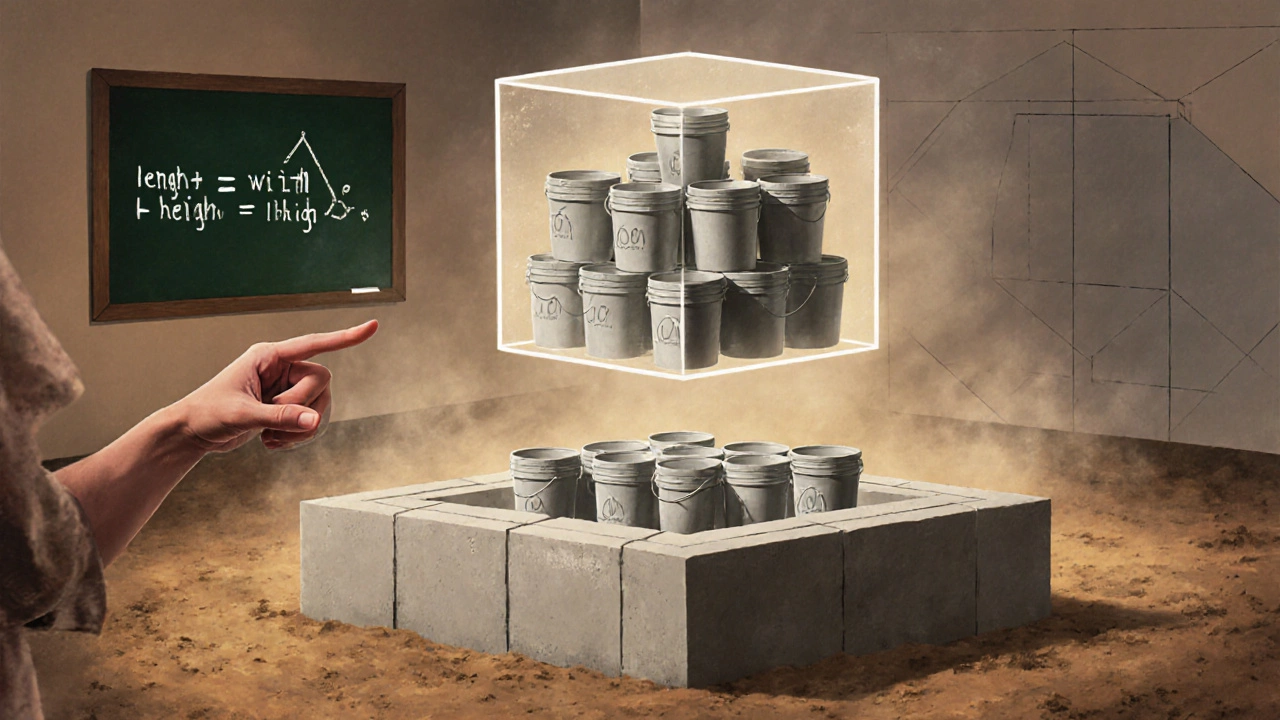 Прозрачный куб из 100 вёдер бетона над домом, рядом формула расчёта объёма на доске.