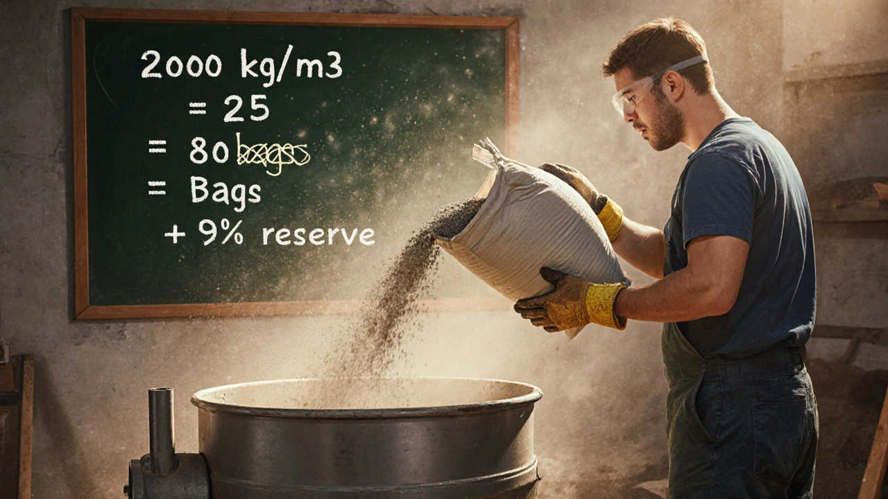 Рабочий загружает мешки сухой смеси в миксер, на доске видны расчеты с запасом 15%.