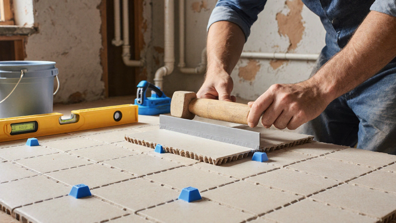 Работник укладывает керамическую плитку с помощью зубчатого шпателя и резинового молотка.