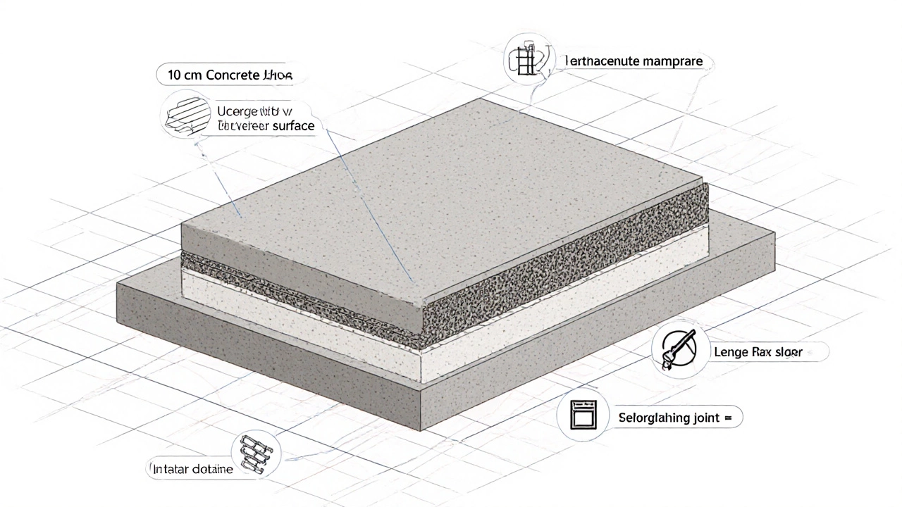Разрез пола с слоями: бетон, щебень, гидроизоляция и армирование, с пояснительными значками ошибок.