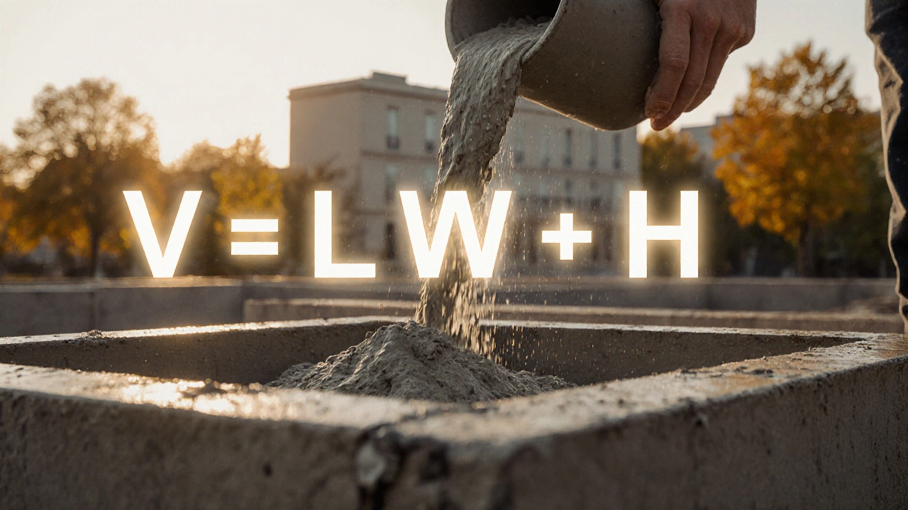 Рука льет бетон, рядом с формулой расчета объема и дополнительным запасом материала.