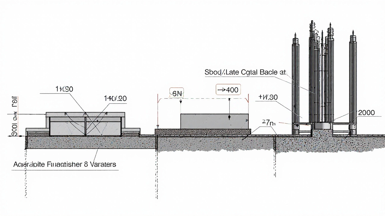 Схема трёх типов фундаментов: ленточного, плитного и свайного с размерами и расчётами.