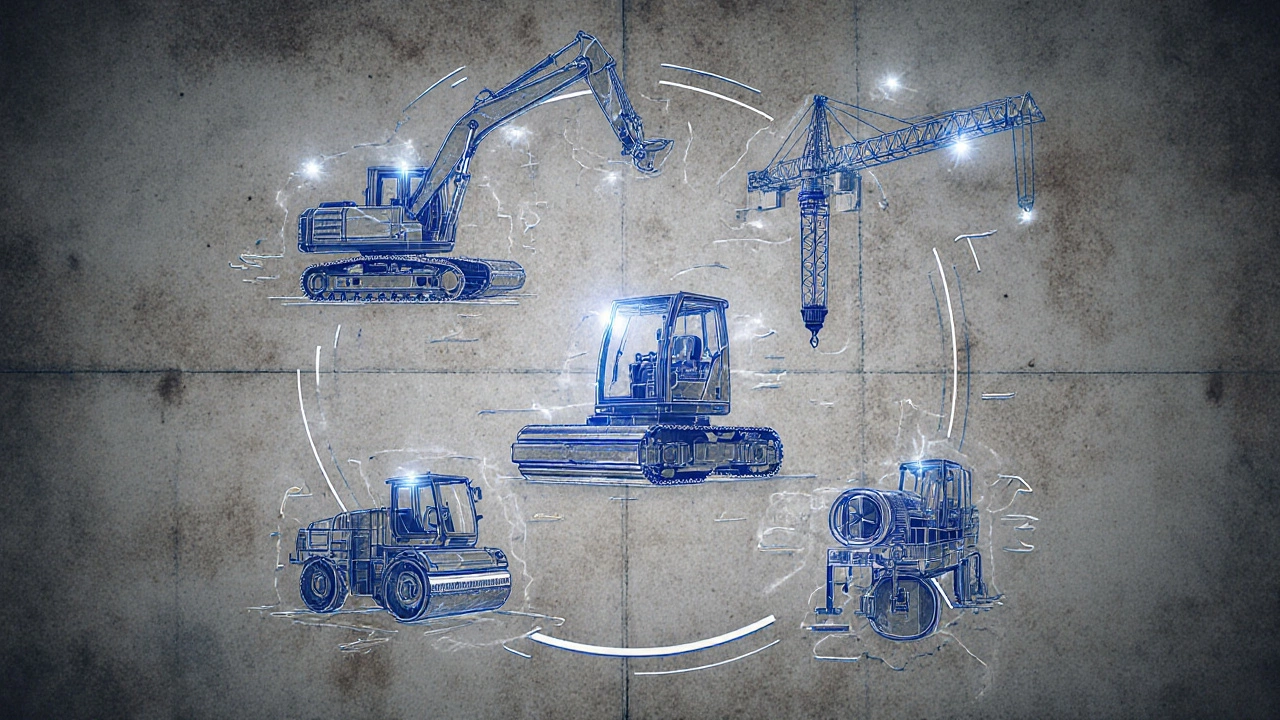 Схематичное изображение пяти типов строительной техники с внутренними системами.