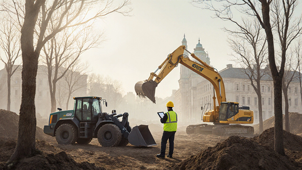 Современная стройка с электрическими и автоматизированными машинами в Калининграде.