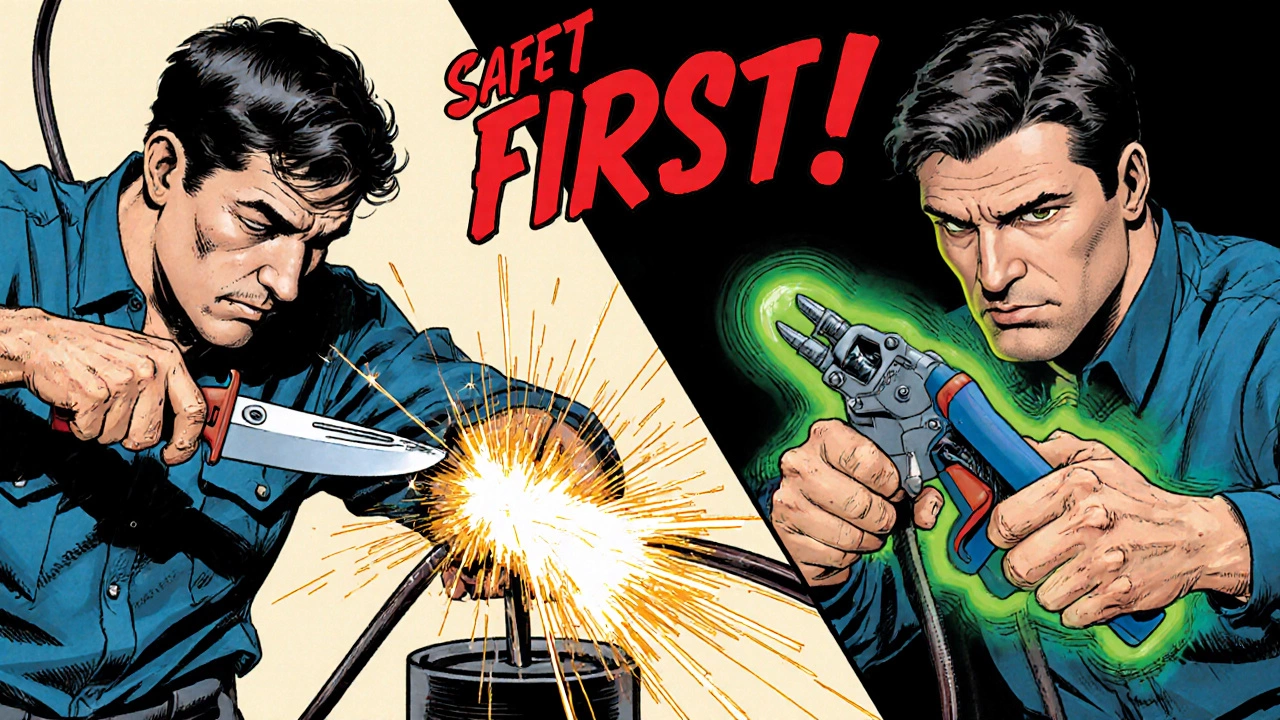 Сравнение опасного использования ножа и безопасной работы стриппером в стиле комикса.