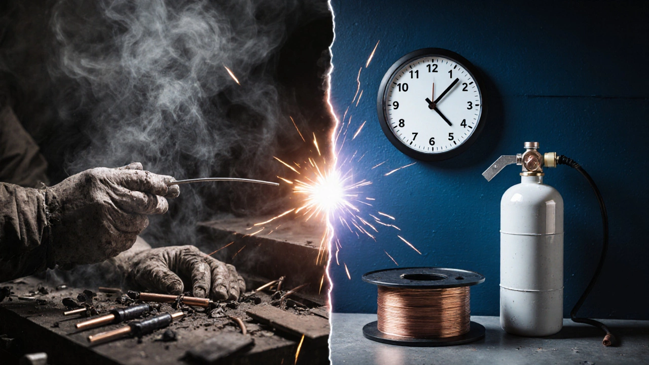 Сравнение: слева — грязная сварка электродом, справа — чистая проволочная сварка.