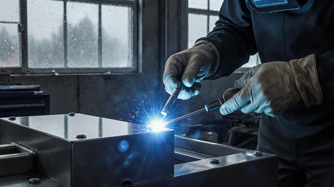 Точная ТИГ-сварка с чистым швом, мастер держит горелку и присадочную проволоку в профессиональной мастерской.