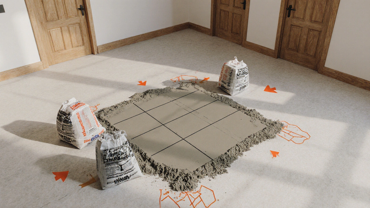 Вид сверху на залитый участок пола с мешками бетона вокруг, обозначено 15% запаса материала.