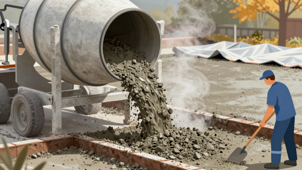 Бетономешалка заливает бетон в опалубку фундамента, на заднем плане — накрытый пленкой участок.