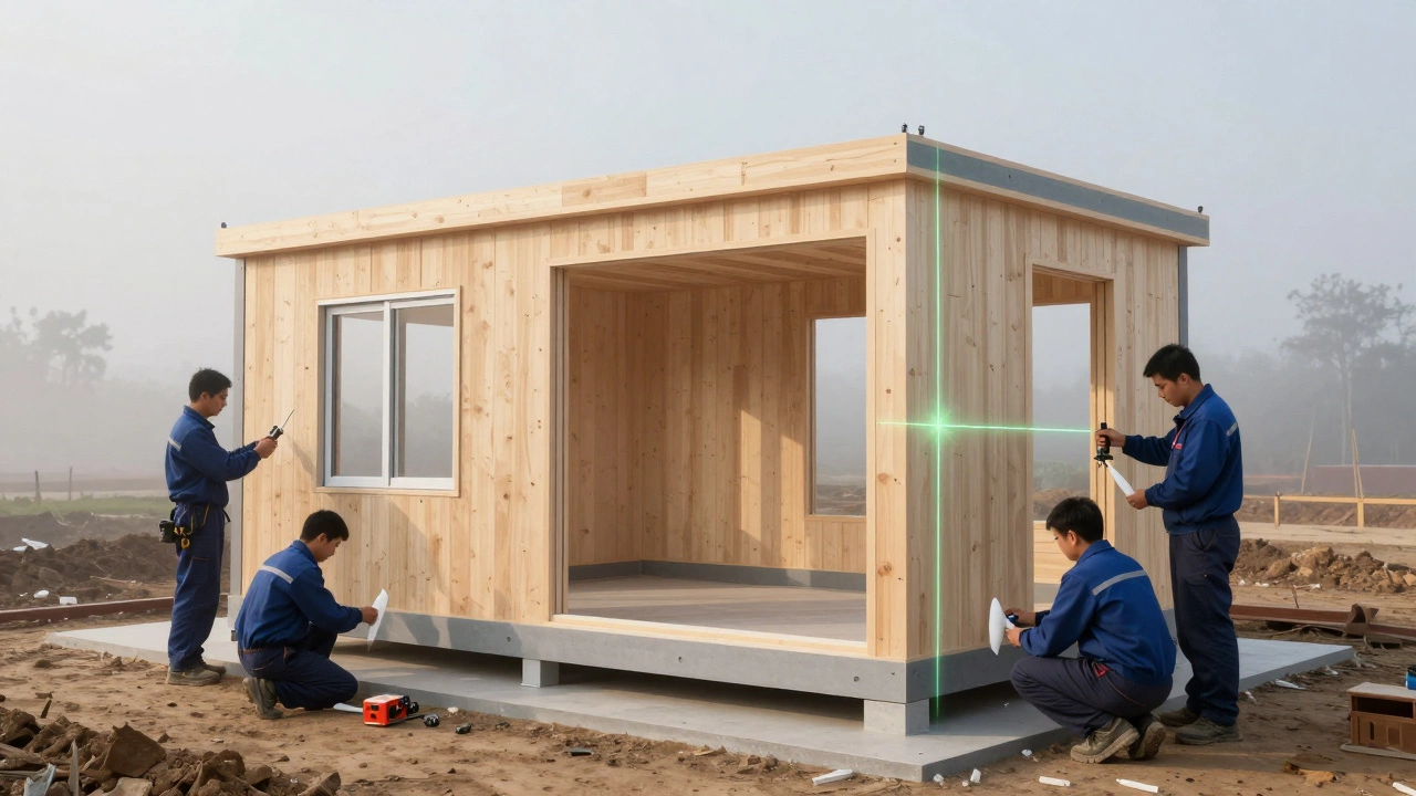 Бригада собирает модульный дом с точной герметизацией швов.