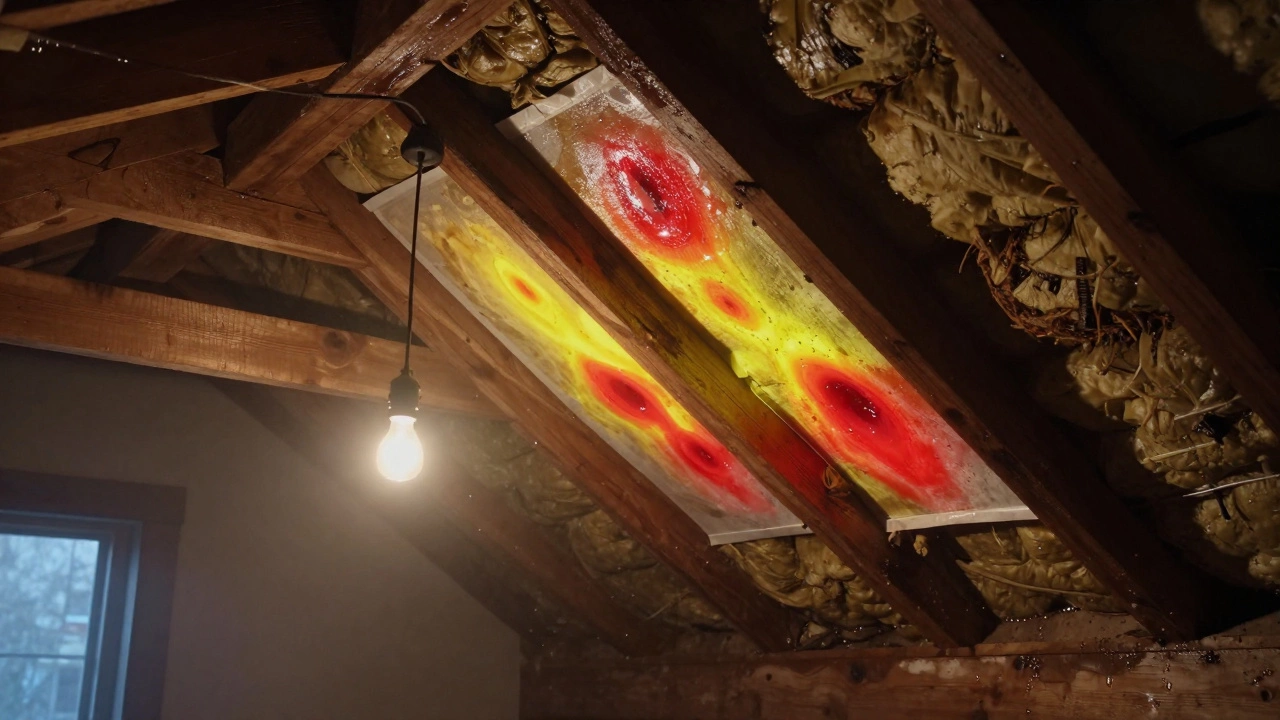 Чердак с влажными балками и тепловизионными пятнами, указывающими на скрытую влагу под новой подкладкой.