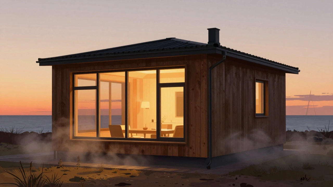 Дом из СИП-панелей на закате в Калининграде, теплое свечение окон, вентилируемый фасад, туман над землёй.