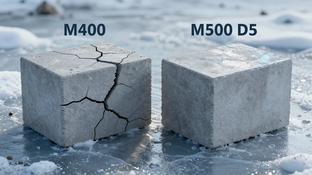 Два бетонных блока: один с трещинами (М400), другой без трещин и с блеском от гидрофобных добавок (М500 Д5).