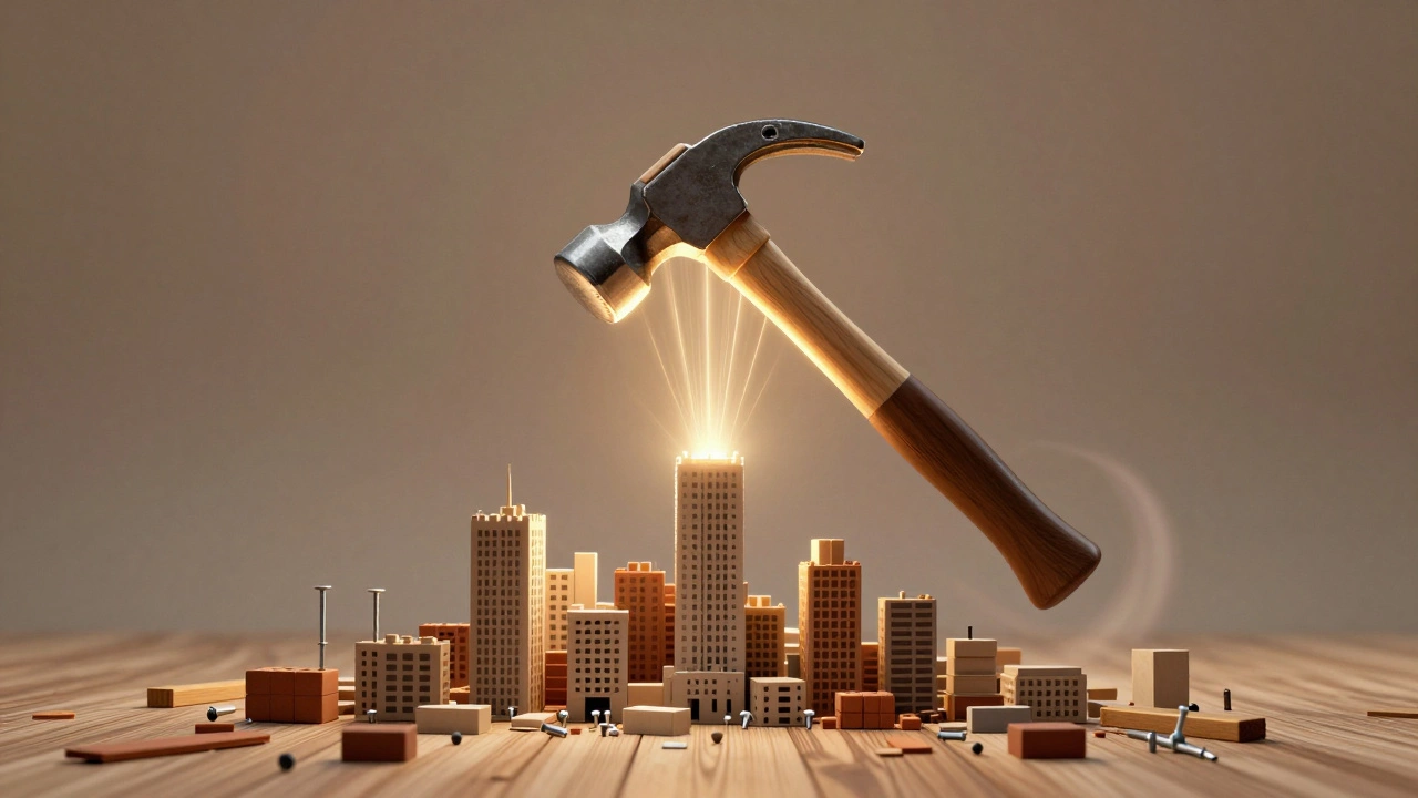 Гигантский молоток светится над городом из строительных элементов.