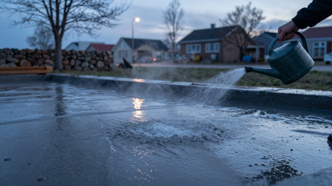 Новый фундамент под плёнкой, поливается водой на закате в прибрежном городе.