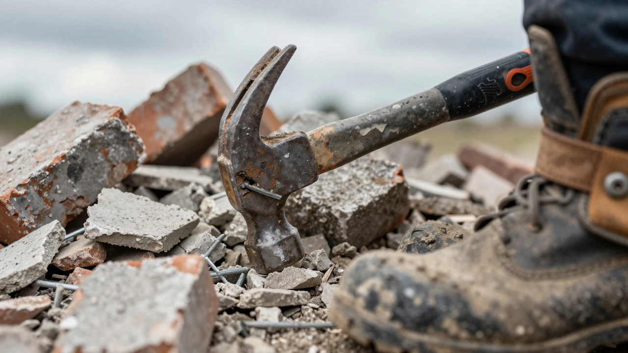 Потрёпанный строительный молоток лежит на обломках кирпича и бетона.