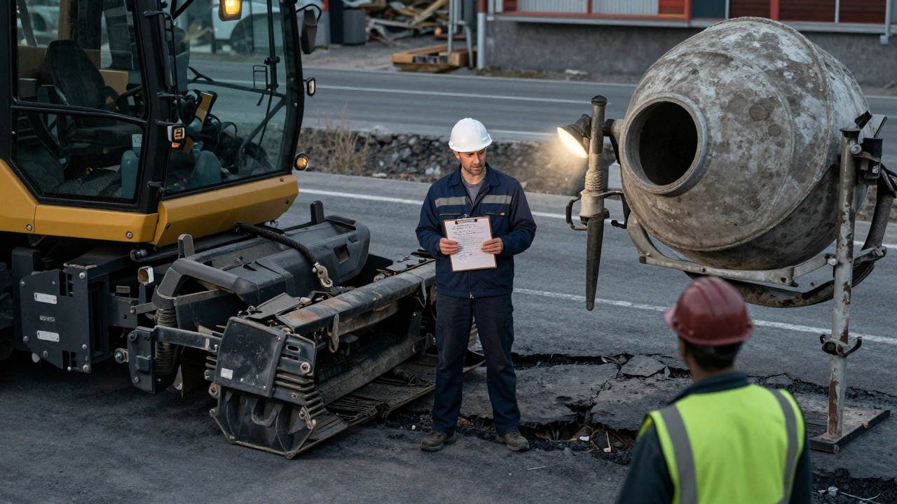 Прораб стоит между новой и старой техникой, держа план, за ним — треснувшая дорога.
