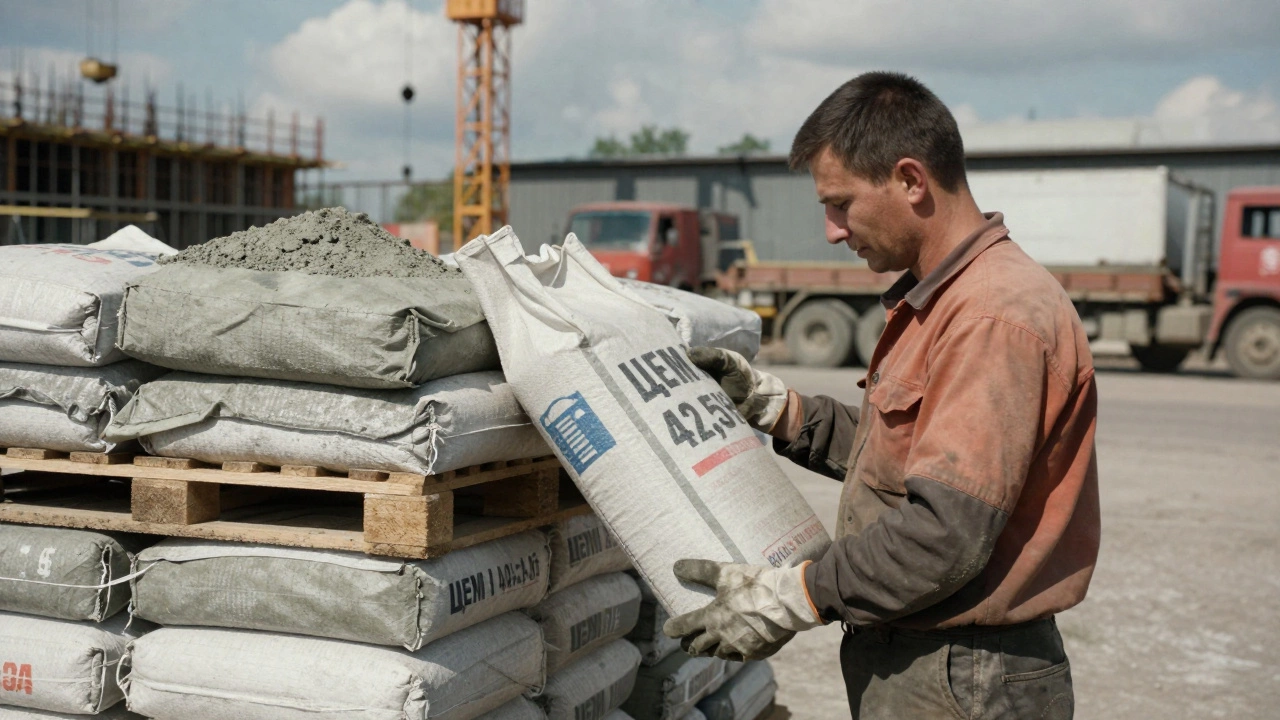 Рабочий проверяет мешок цемента М500 Д5 на строительной площадке в Калининграде, позади — стопки цемента под брезентом.