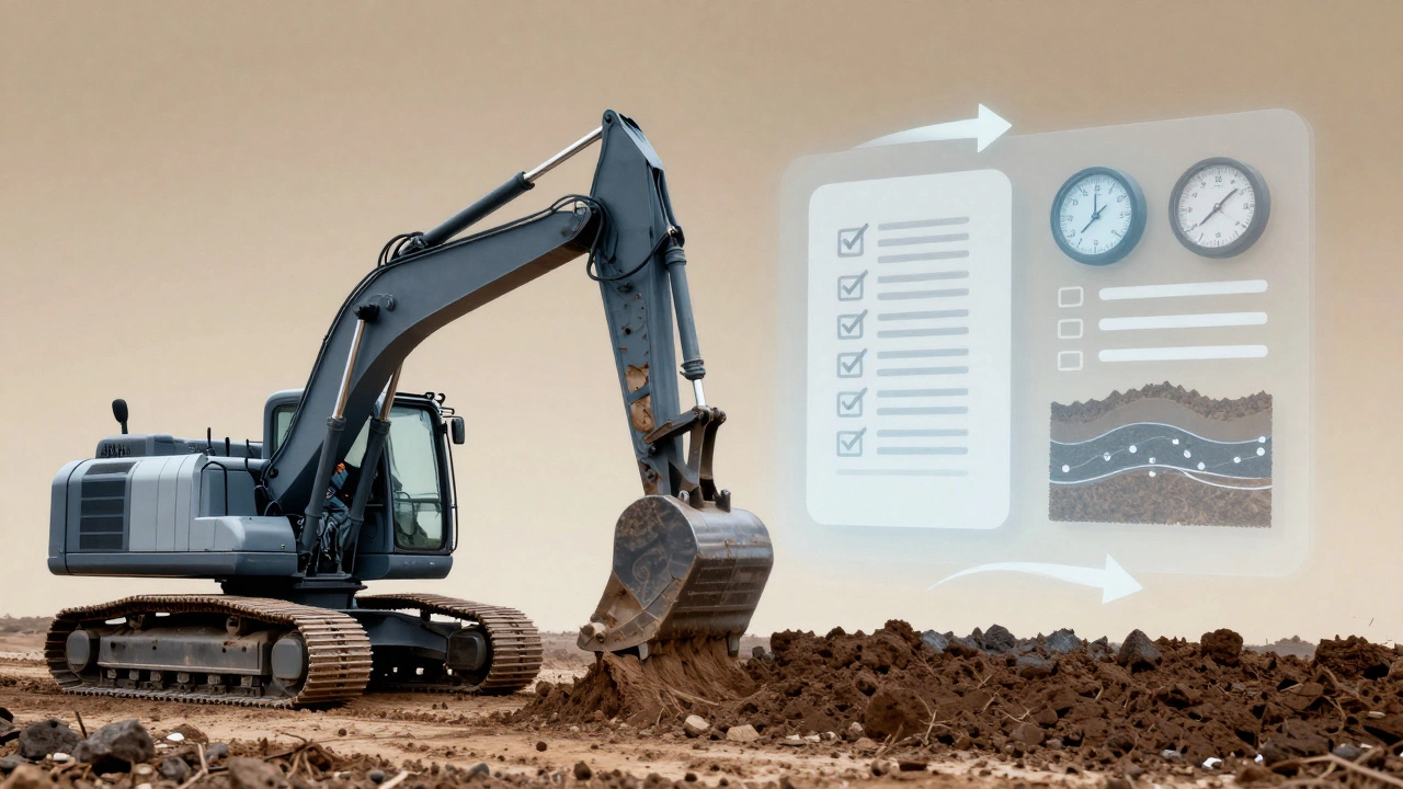 Разделённая сцена: оператор экскаватора и прозрачные схемы технологии уплотнения грунта над ним.