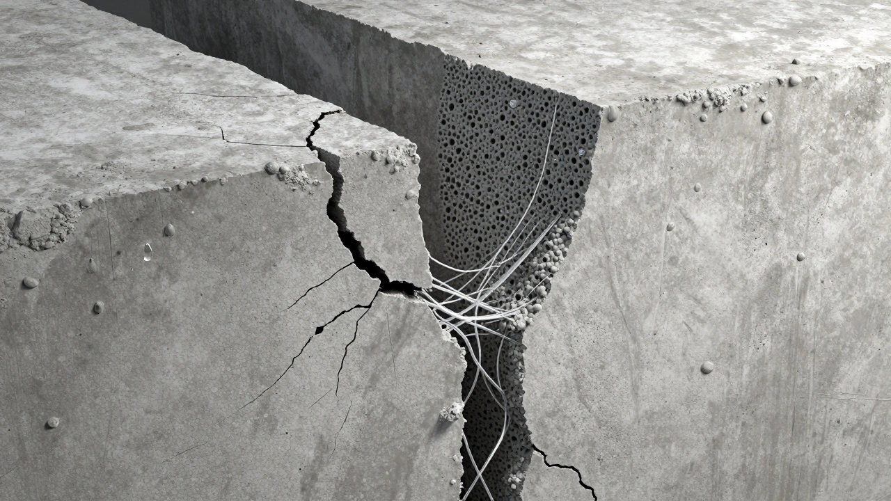 Разрез бетона: трещины превращаются в укреплённую структуру с микросиликой и фиброй.