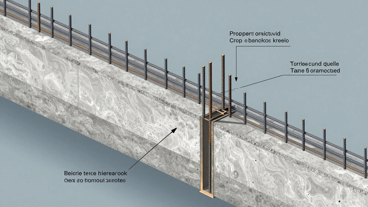 Разрез фундамента с вертикальным технологическим швом и непрерывной арматурой, показывающий правильную подготовку слоёв.