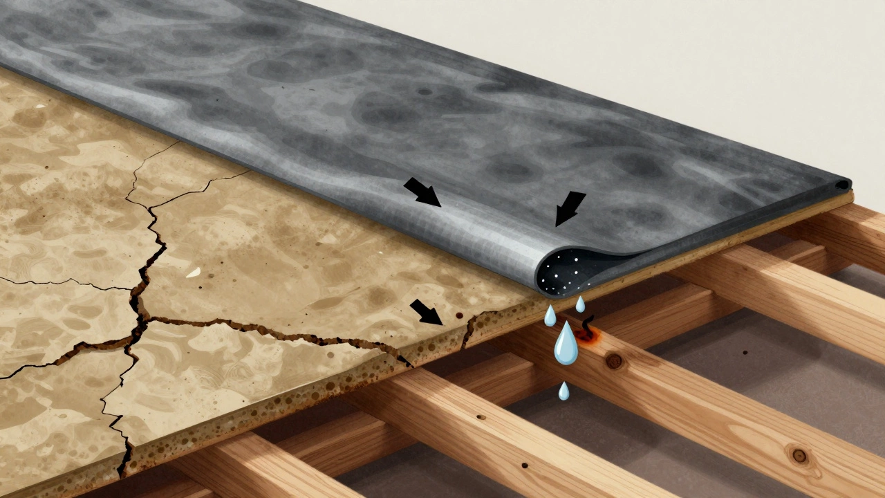 Разрез крыши, показывающий трещины в старой подкладке, влагу и гниение стропил под новым слоем.