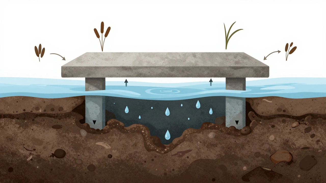 Разрез земли с подземными водами, разрушающими фундамент и вызывающими пучение