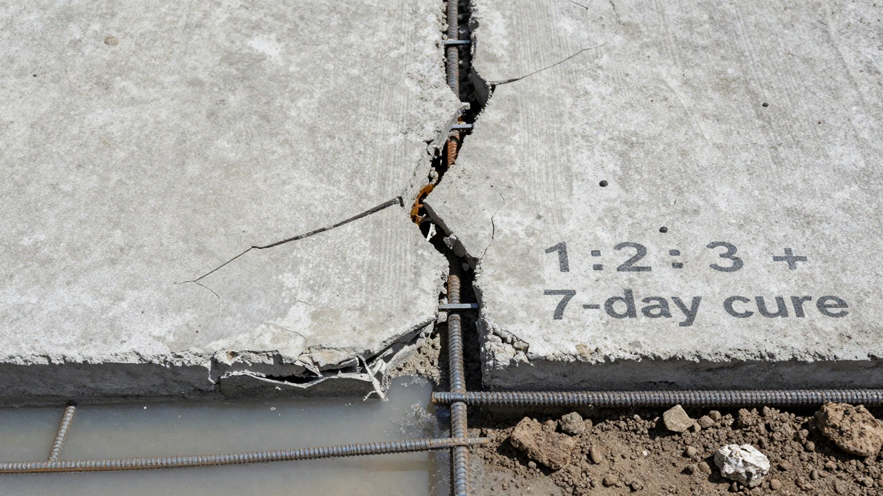 Разрушенный и идеальный бетонные участки рядом: один без арматуры и с трещинами, другой — с армированием и влагой.