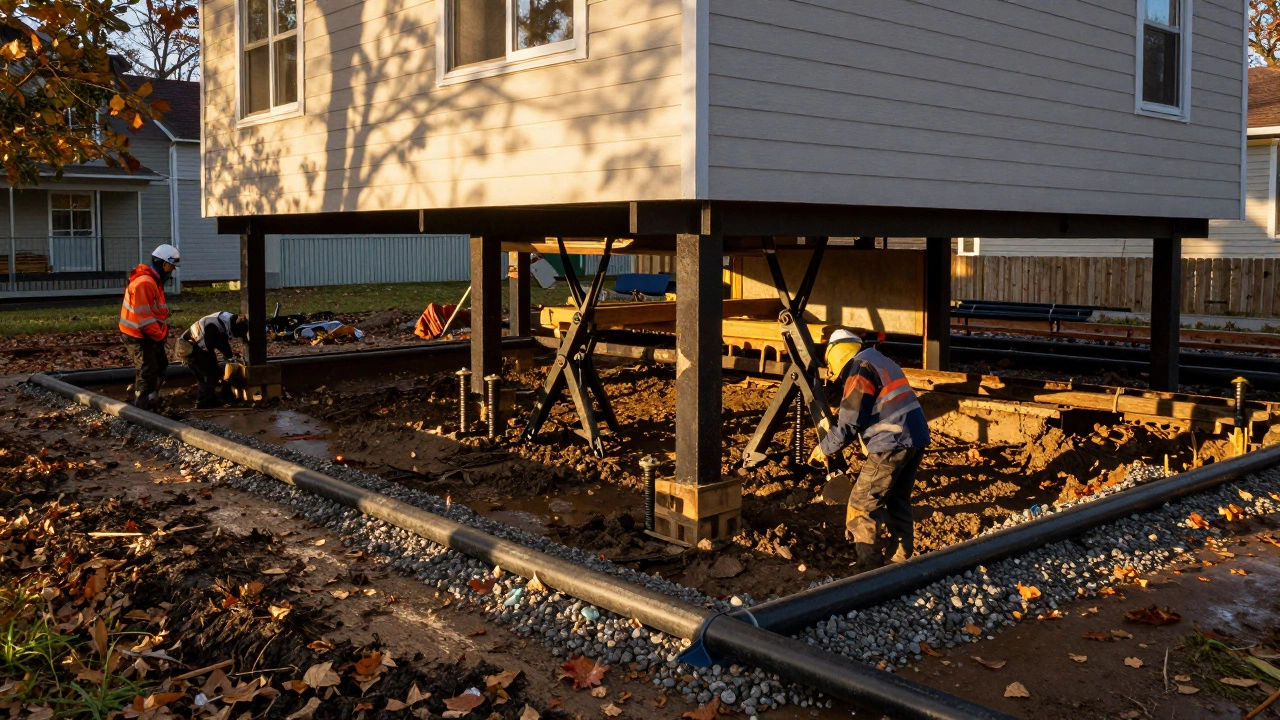 Строители устанавливают сваи под поднятый дом с дренажной системой вокруг