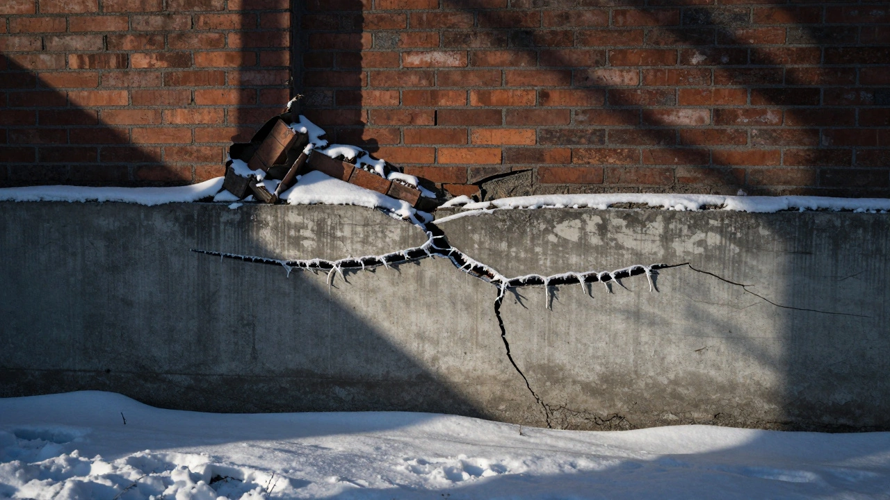 Трещина в замёрзшем фундаменте с проседающей стеной, зимний пейзаж, последствия неправильного бетонирования.