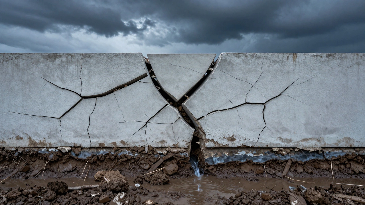 Трещины в стене дома, возникающие из-за слишком тонкого фундамента на набухающей глине во время оттепели.