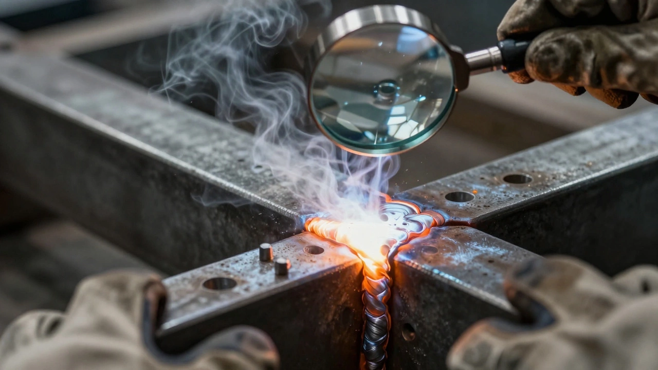 Увеличенный вид сварного шва под лупой, видны микротрещины и поры.